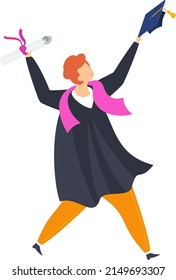Full body graduate student man raises his diploma. Graduation ceremony. Student party. Flat vector illustration.