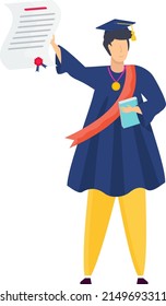 Full body graduate student man raises his diploma. Graduation ceremony. Student party. Flat vector illustration.