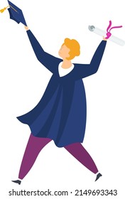 Full body graduate student man raises his diploma. Graduation ceremony. Student party. Flat vector illustration.