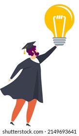 Full body graduate student man raises lamp. Symbol of intelligence, creativity and innovation. Graduation ceremony. Student party. Flat vector illustration.