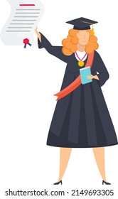 Full body graduate student woman raises her diploma. Graduation ceremony. Student party. Flat vector illustration.