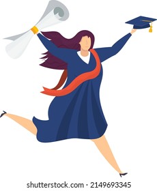 Full body graduate student woman runs with diploma raised up. Graduation ceremony. Student party. Flat vector illustration.