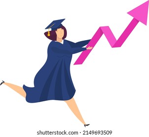 Full body graduate student woman raises an arrow in her hands. Symbol of success and development. Graduation ceremony. Student party. Flat vector illustration.