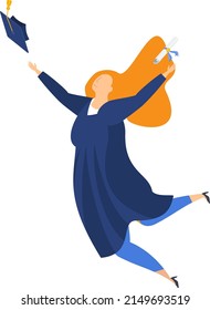 Full body graduate student woman runs with diploma raised up. Graduation ceremony. Student party. Flat vector illustration.