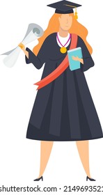 Full body graduate student woman holding her diploma. Graduation ceremony. Student party. Flat vector illustration.