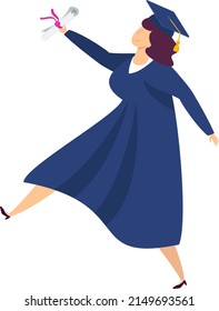 Full body graduate student woman raises her diploma. Graduation ceremony. Student party. Flat vector illustration.