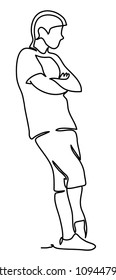 Full body half turn view portrait of young man with crossed arms. Continuous line drawing. Isolated on the white background. Vector illustration monochrome