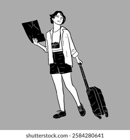 Full body happy traveler woman wear casual clothes hold suitcase bag map look aside on area isolated