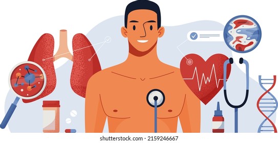 Full Body Health Checkup Vector Concept Digital Illustration. Medical Diagnosis Of Human Cardiovascular Diseases, Blood Pressure, Heart Anatomy, Lungs. Apps, Web Services For Medical Help. Body Screen