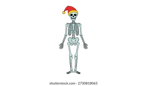 Full body human skeleton standing upright wearing a festive red and yellow Santa Claus hat blending spooky and Christmas themes together.