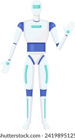 Full body humanoid robot standing, futuristic AI concept. Friendly android robot waving hand, white and blue colors. Technology and innovation vector illustration.