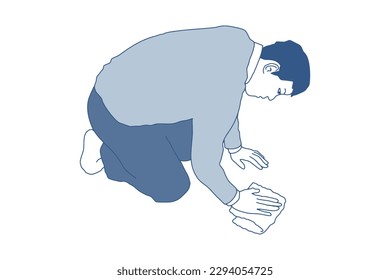 Full body illustration of an Asian man cleaning the floor with a dust cloth