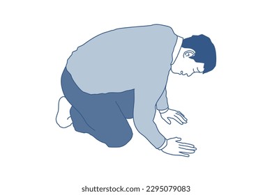 Full body illustration of an Asian man apologizing for sitting down