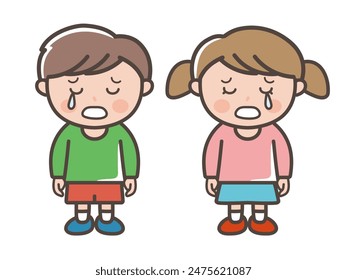 Full body illustration of a boy and a girl crying because of sadness (elementary school, infant, child)