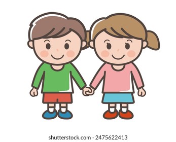 Full body illustration of boy and girl holding hands in good fellowship (elementary school, infant, child)