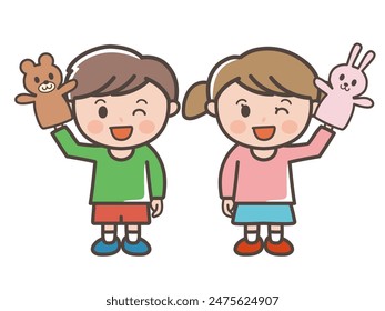 Full body illustration of a boy and a girl playing with bear and rabbit puppets (elementary school, toddler, child)