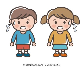 Full body illustration of a boy and a girl in a cold sweat in a hurry (elementary school, infant, child)