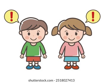 Full body illustration of a boy and a girl (elementary school student, toddler, child) with curious image