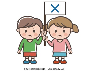 Full body illustration of a boy and a girl holding a “Batsu” flag (elementary school student, toddler, child)