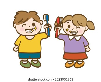 Full body illustration of a boy and a girl brushing their teeth and showing off their white teeth (early elementary school, infant)
