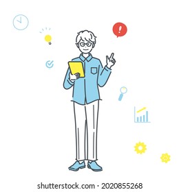 Full body illustration of business person with tablet and pointing finger. vector.