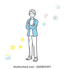 Full Body Illustration Of Business Person With Arms Folded. Vector.