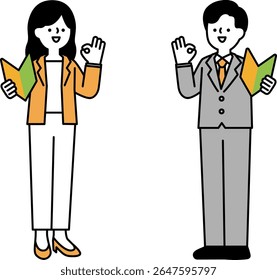 Full body illustration of a businessperson in a positive pose holding a beginner's mark