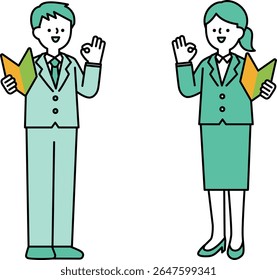 Full body illustration of a businessperson in a positive pose holding a beginner's mark