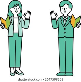 Full body illustration of a businessperson in a positive pose holding a beginner's mark