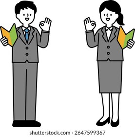Full body illustration of a businessperson in a positive pose holding a beginner's mark