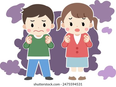 Full body illustration of children with troubled expressions