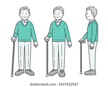 Full body illustration of an elderly man using a cane