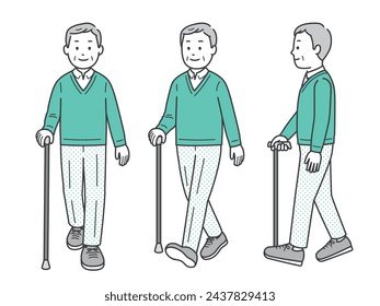 Full body illustration of an elderly man walking with a cane