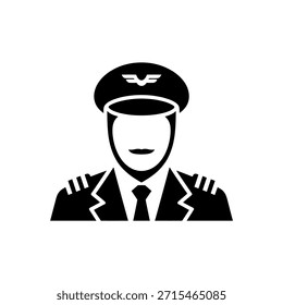 Ilustração completa do corpo de um piloto sem rosto com um terno preto e gravata, incluindo o chapéu dos pilotos. Design de silhueta com fundo transparente.