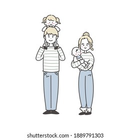 Full body illustration of a family of four. Vector.