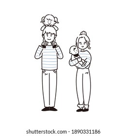 Full body illustration of a family of four. No painted parts in line drawings. Vector.