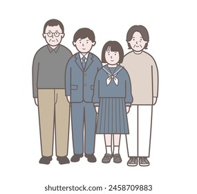 Full body illustration of a family of four including parents and students 1