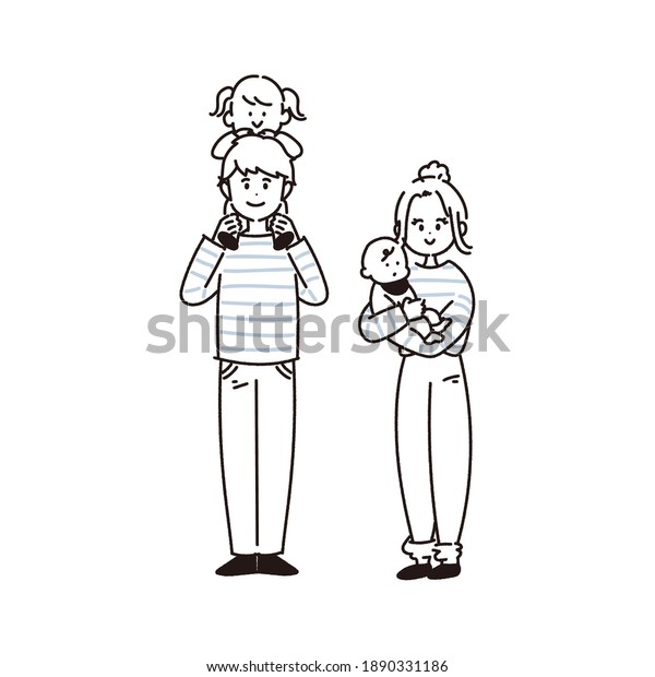 Full body illustration of a family of\
four. No painted parts in line drawings.\
Vector.