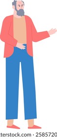 Full body illustration featuring an elderly man with grey hair and beard, wearing casual clothes, gesturing with his hand to show and present something in a friendly manner