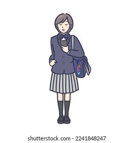 Full body illustration of high school girl in uniform with smartphone and school bag