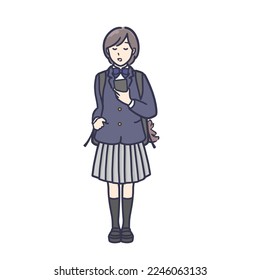Full body illustration of a high school girl in blazer uniform with a backpack on her back looking at her phone while going to school.
