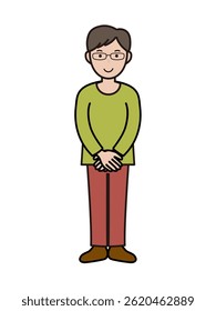 Full body illustration of an intellectual-looking young man in a smiling, hospitable pose