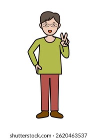 Full body illustration of an intellectual-looking young man smiling and doing a piece