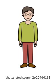 Full body illustration of an intellectual-looking young man standing facing front with a smile