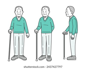 Full body illustration of a late elderly man using a cane