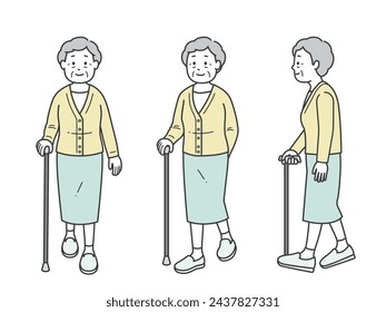 Full body illustration of a late elderly woman walking with a cane