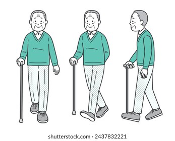 Full body illustration of a late elderly man walking with a cane