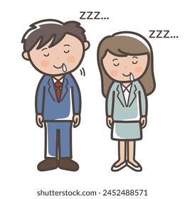 Full body illustration of male and female businessmen dozing while standing