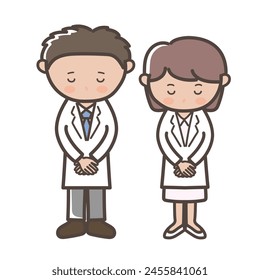 Full body illustration of male and female doctors_nurses apologizing with their heads down svg