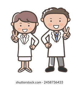 Full body illustration of male and female doctors_nurses smiling and posing for a peace pose
